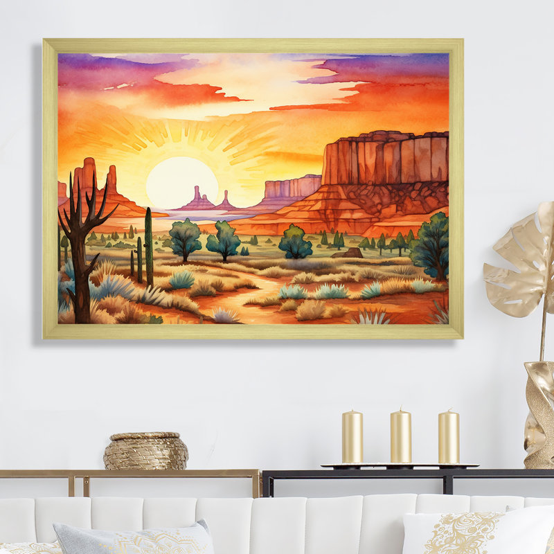 «Native Navajo Landscape III», reproduction sur toile, Cadre doré simple, H 16 po x l 32 po x P 1 po