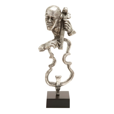 Abstract Silver Musician Sculpture – Jazz Cellist Figurine On Black Base