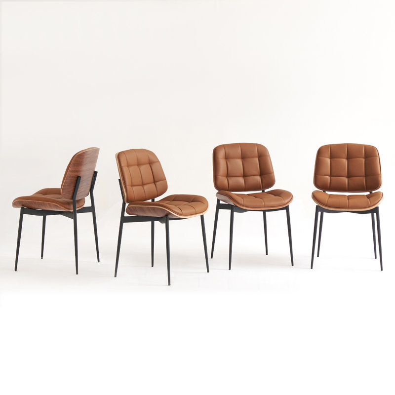 Chaises de salle à manger Mid-Century modernes avec dossier en grain de noyer, ensemble de 4 chaises de salle à manger en similicuir brun avec coussins réglables