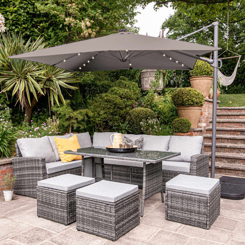 Rattan 9 - Person Seating Group with Cushions and LED Premium Parasol, Grey, Grey