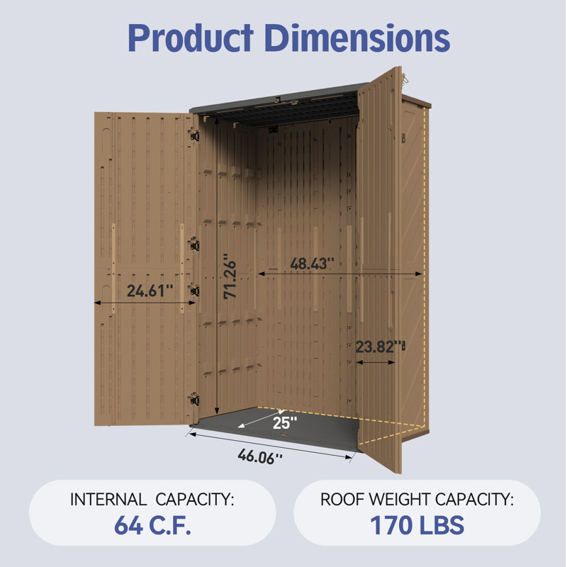Remise de rangement verticale d'extérieur 64 pieds cubes imperméable avec plancher, Brun