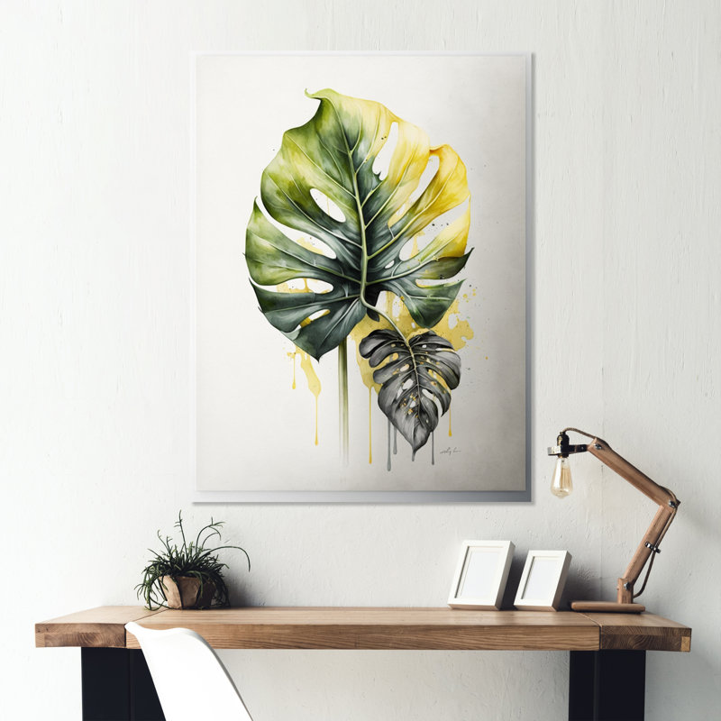 Jaune et gris feuille de philodendron II - reproduction sur toile, L 30 po x H 40 po, Toile tendue