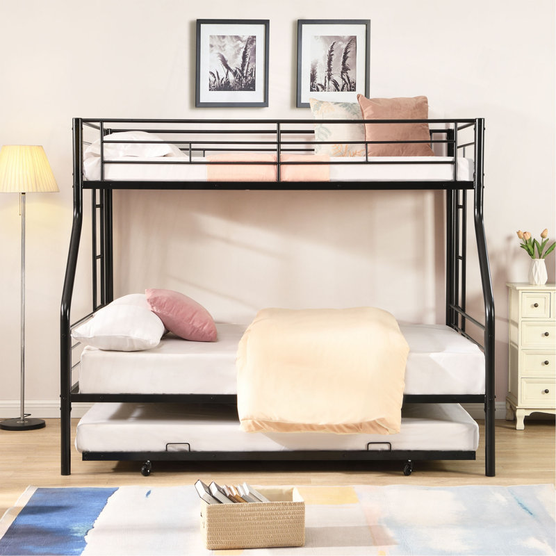 Lit simple superposé au dessus d'un lit double avec lit gigogne en métal, aucun sommier requis, assemblage facile