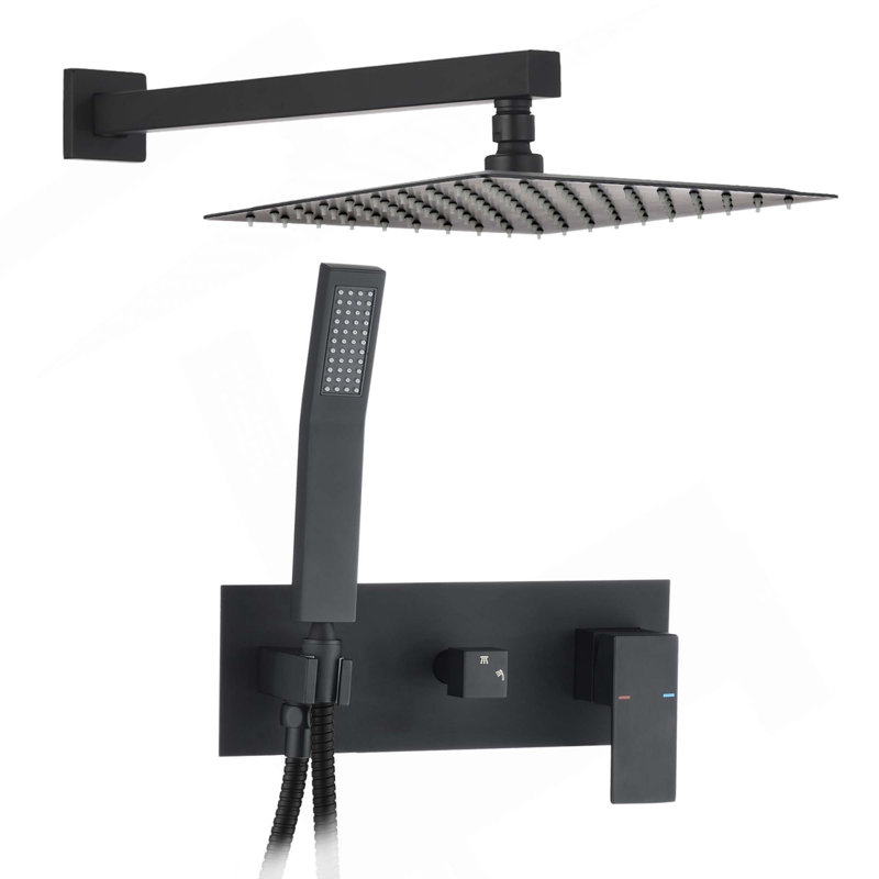 Système de robinet de douche en laiton noir mat avec pomme de douche à pluie de 10 po avec douchette, valve brute incluse