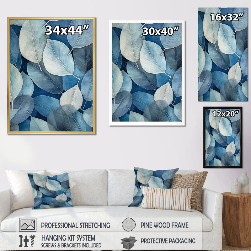 «Gray Blue Leafs Harmony», reproduction sur toile, Toile tendue, H 44 po x l 34 po x P 1,5 po