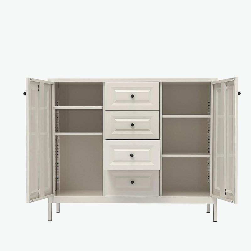 Buffet avec rangement, armoire d'appoint autoportante à 4 tiroirs et 2 portes, armoire à tablettes réglables pour le salon, la cuisine, le vestibule, le couloir et la salle de lavage
