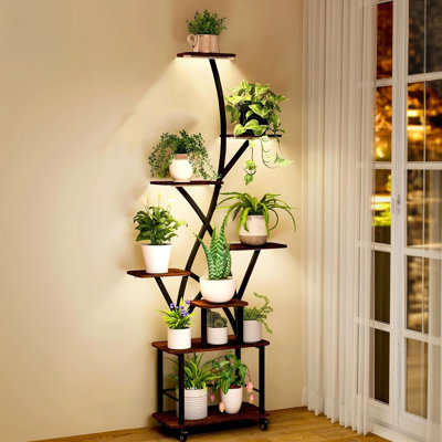 8 Tiered Indoor Plant Stand With Built - In Grow , Large Metal Shelf For Multiple Plants Areas, Rational Walnut + Black Construction Spaces,