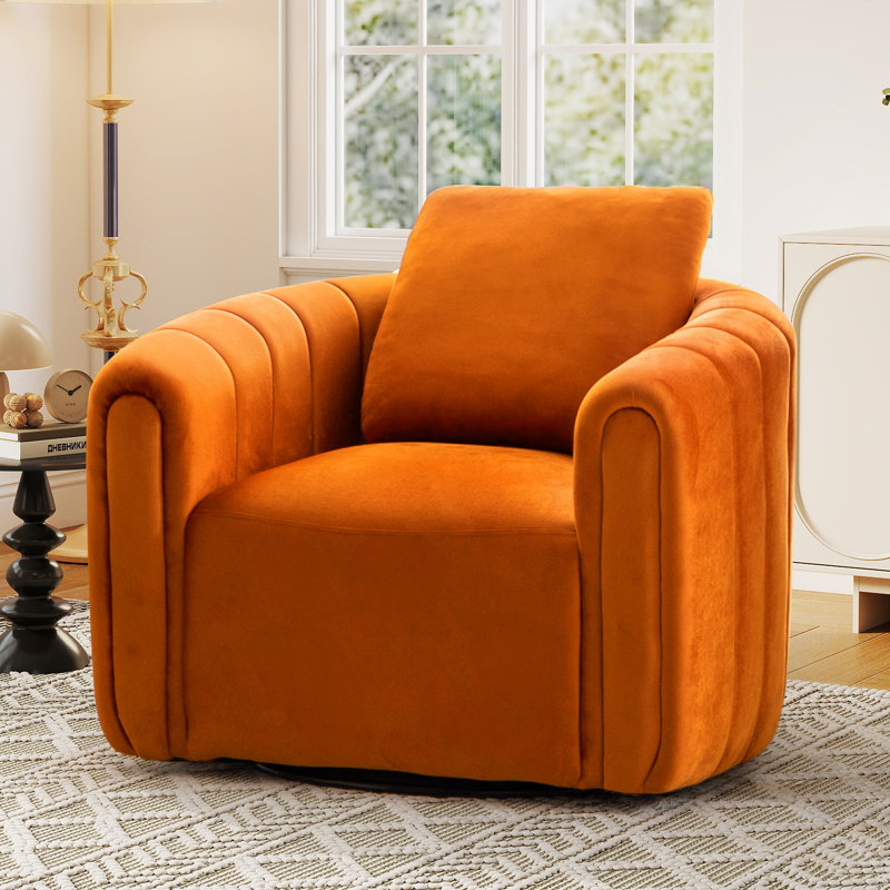 Deria 30.5'' W Velvet Swivel Barrel Chair, Orange Red