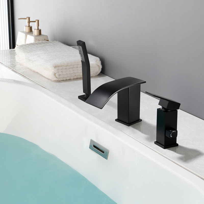 Robinet de baignoire romaine à cascade avec douche à main, ensemble de robinets de baignoire à fixation sur le comptoir avec douche à main, robinet de baignoire à large entraxe, robinet de baignoire à 3 trous avec douchette