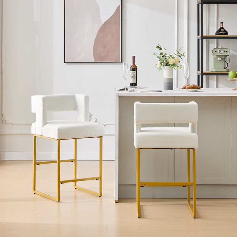 Tabouret de comptoir rembourré de 26 po avec structure en métal (ensemble de 2), Blanc, Doré