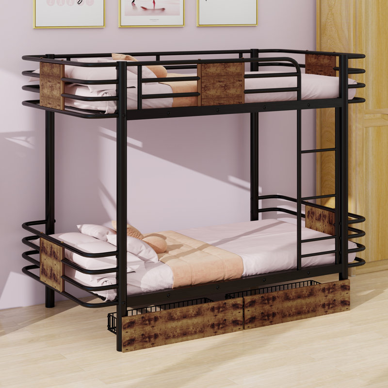 Metal Bunk Bed With Built-In Ladder,Two Storage Drawers  And Safety Guardrail