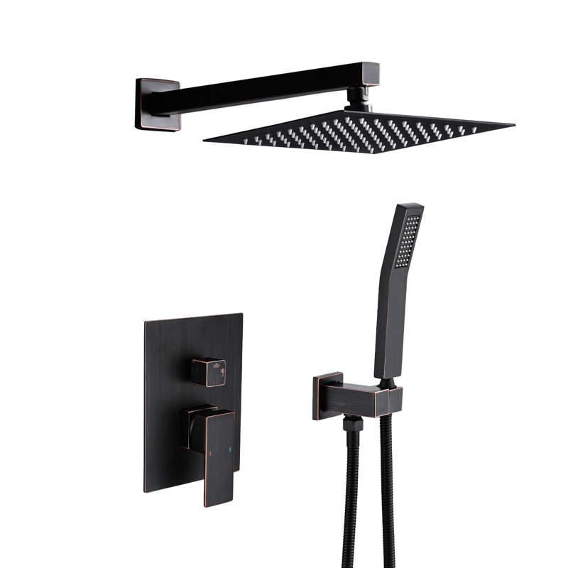 Système de douche de salle de bain avec tête de pluie simulée de 10 po et robinet à main dans la teinte murale bronze, Bronze