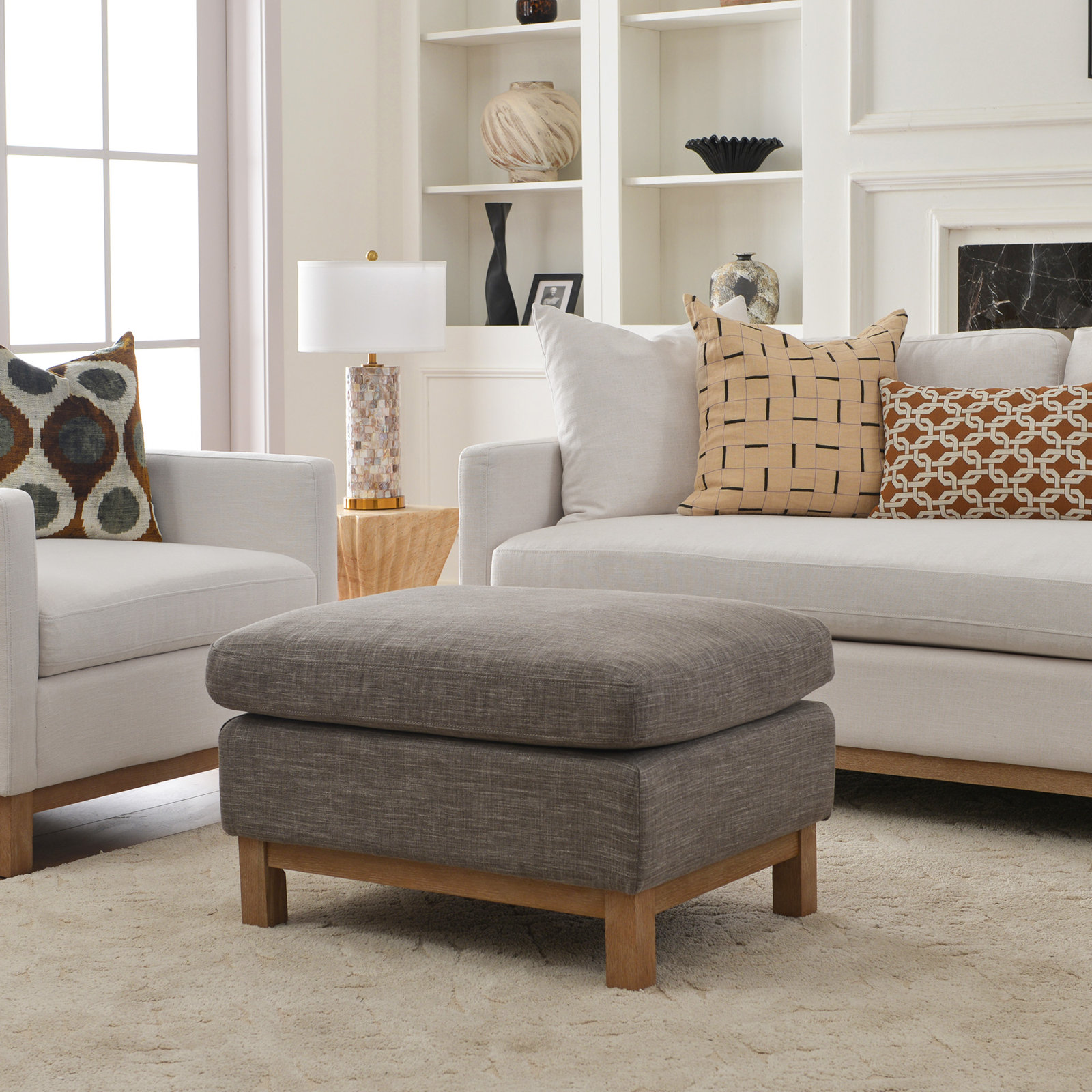 Cami 30" Upholstered Ottoman, Smoke Linen Blend