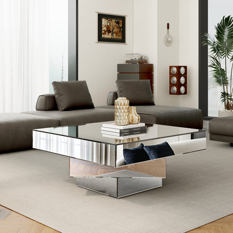 Fahd 39.4” Mirrored Geometric Coffee Table Reflective Glass Ceter Table
