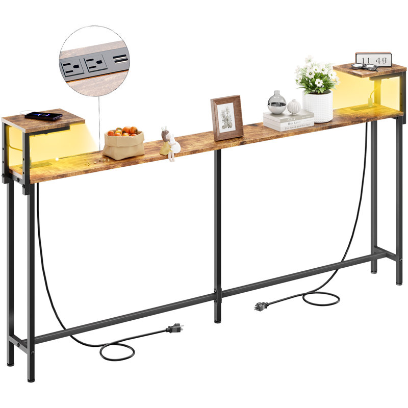  71 Inch Narrow Console Table with Outlet, Behind Couch Table with Double Storage Shelves, Narrow Long Sofa Table with LED Light for Living Room, Entryway Desk for Hallway, Rustic Brown