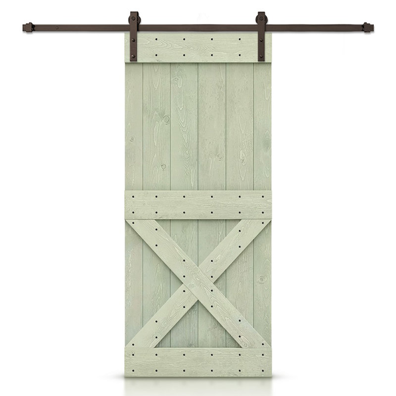Porte de grange à panneaux et en bois avec quincaillerie d'installation, 24 po x 84 po, Vert sauge, Bronze huilé