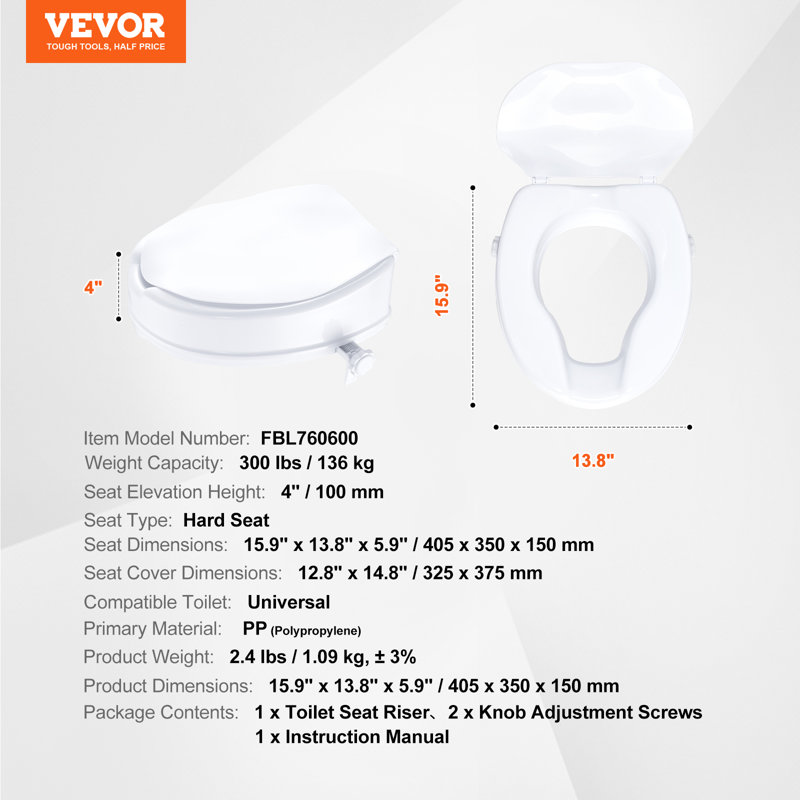 Siège de toilette surélevé VEVOR, hauteur de 4 po, capacité de poids de 300 lb, siège de toilette universel,
