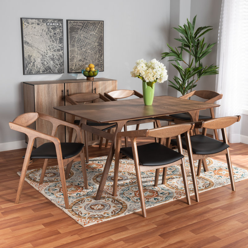Hohl Mid-Century Modern Faux Leather Upholstered And Finished Wood 7-Piece Dining Set, Black/Walnut