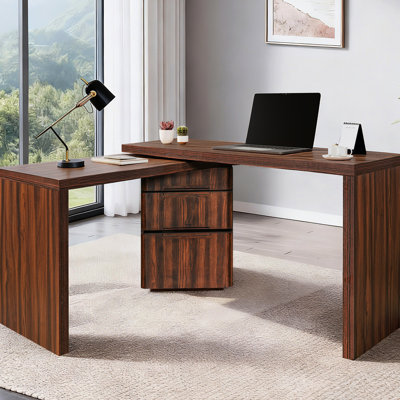 360 Rotating Desk In Walnut, 90" L Shaped With 3 Drawers, For Home Office Atmosphere Walnut Suitable Study