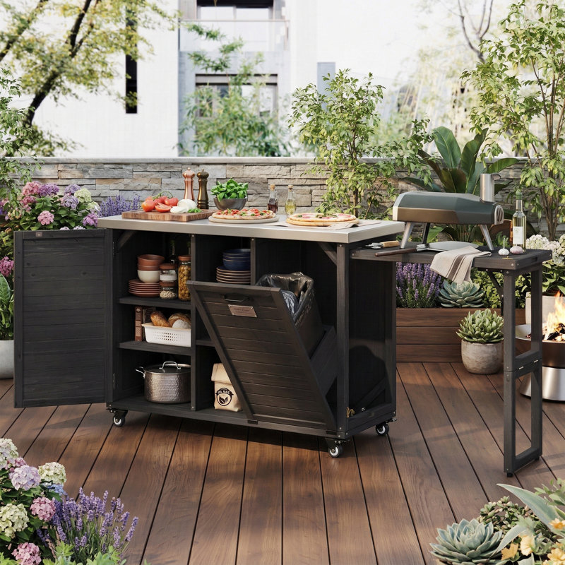 Îlot de cuisine extérieur pliant de 78,3 po de largeur avec plateau en acier inoxydable - Station de préparation de barbecue massive avec armoire à ordures inclinable - Chariot de barbecue mobile de 36 po de hauteur - Noir