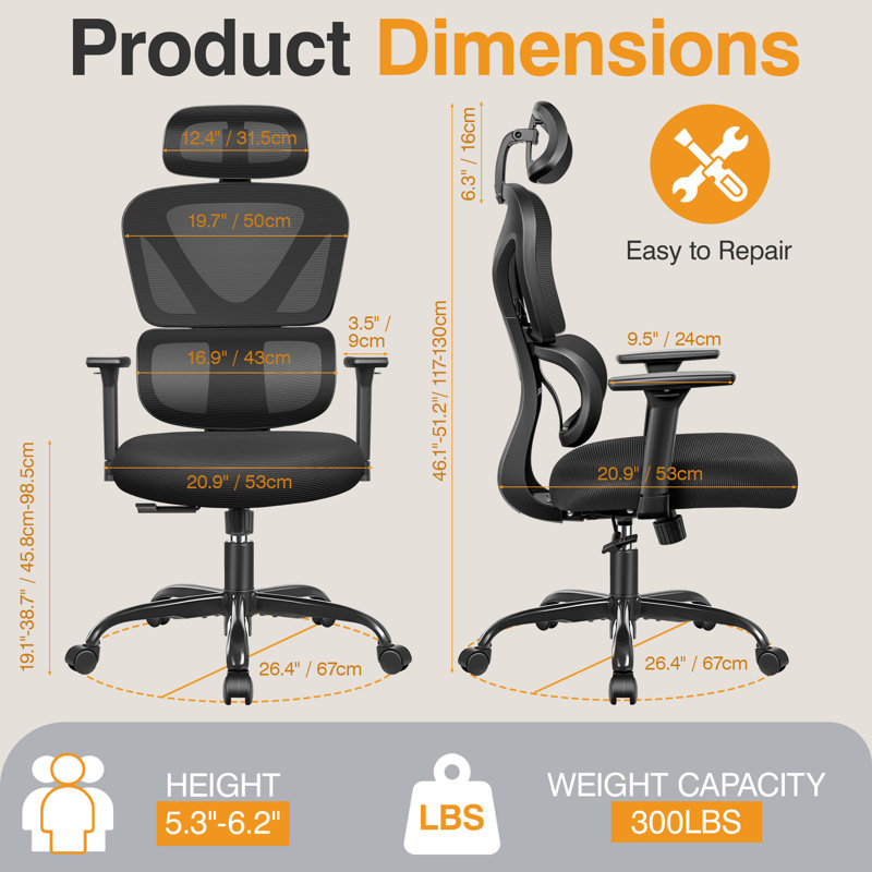 Isairis Ergonomic Mesh Task Chair with Headrest and 3D Adjustable Arms, Black