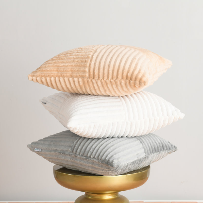 Square Striped Corduroy Soft Flannel Patchwork Pillow Cover, Beige, 24"H x 24"W