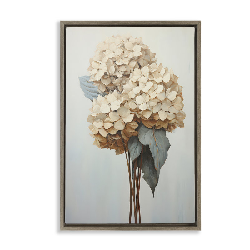 Toile flottante rétro avec fleurs d'hortensia rétro par Petals Prints Design, Cadre flottant orme Montalcino