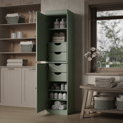 100% Solid Wood Bathroom Storage Cabinet, Raised Panel Doors, 4 Drawers, Adjustable Shelves, 16.5" Wide, 71.5" Tall