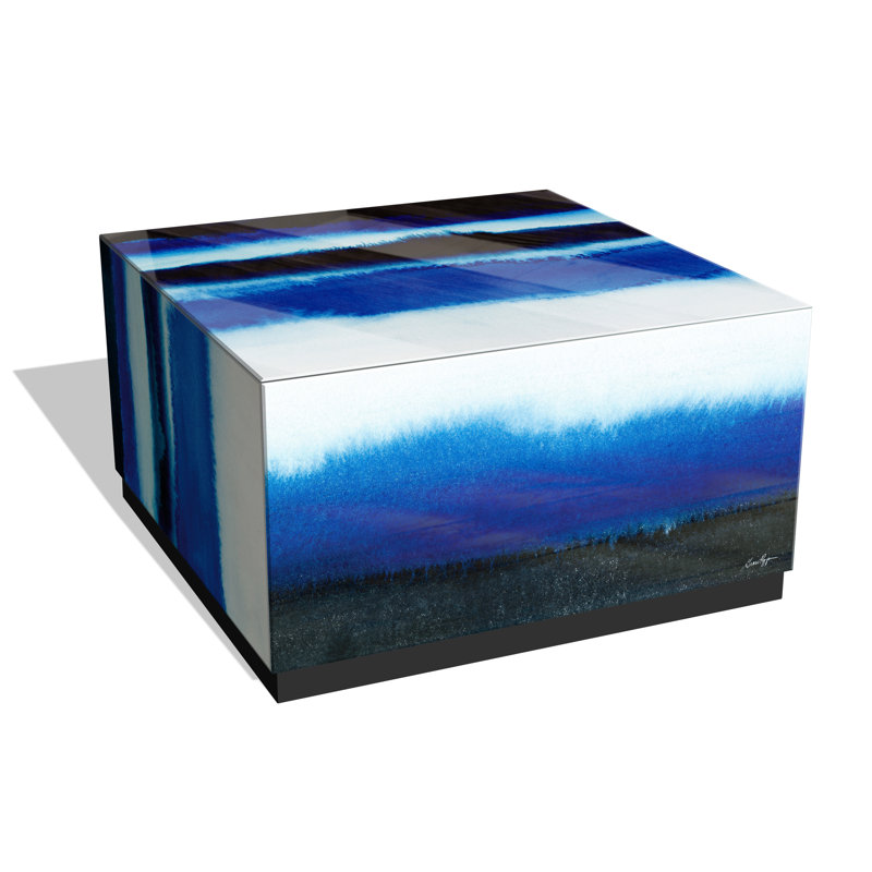 Reverse Printed Beveled Art Glass Cocktail Table Single Coffee Table