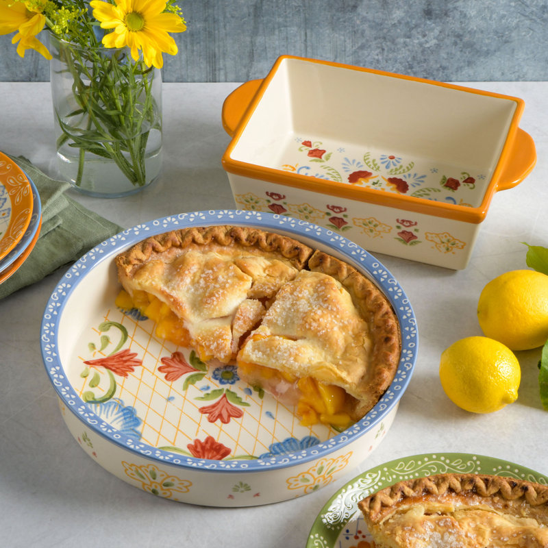 Laurie Gates Tierra Hand Painted 2 Piece 1.8 Qt Pie Dish And 1.6 Qt Bakeware Set