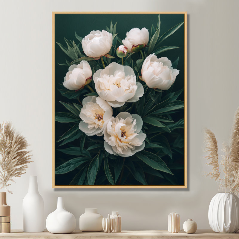 Art sur toile, pivoines sombres II, H 32 po x l 16 po, Reproduction avec cadre flottant, Crème, crème