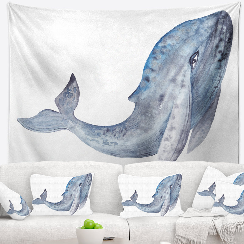 Tapisserie aquarelle grande baleine animale, H 32 po x l 39 po