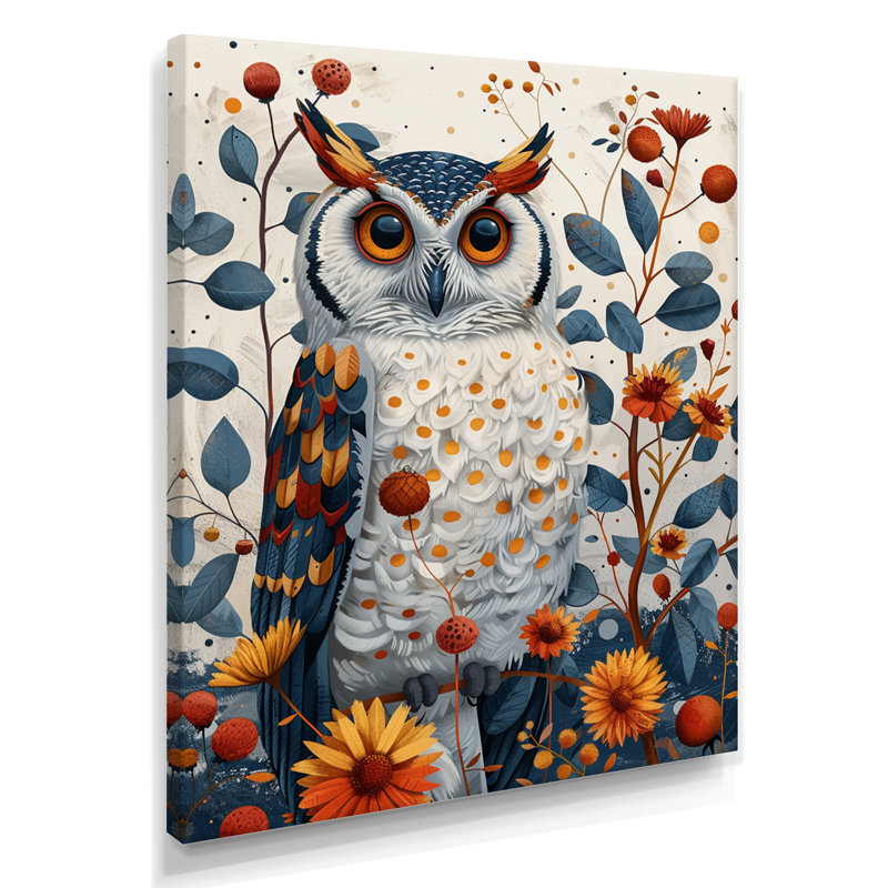 Nobel, hibou en fleurs, fleurs orange, Toile tendue, H 40 po x l 30 po x P 1,5 po