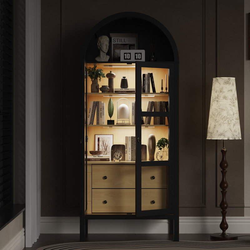 Armoire arquée moderne de 72 po avec portes en verre et capteur automatique, Noir