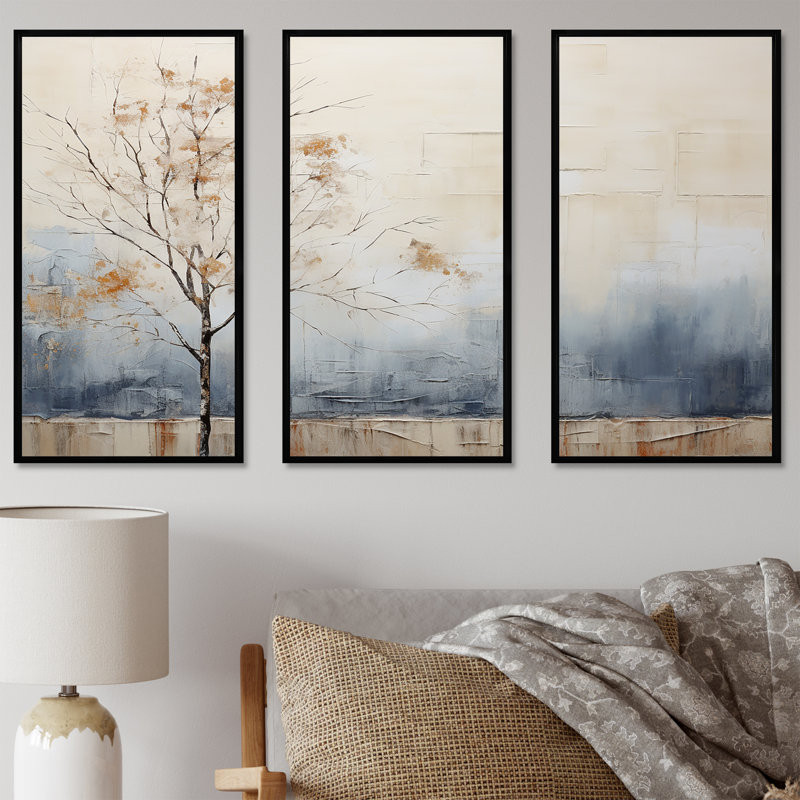 Minimalisme beige et bleu, campagne I - ensemble d'art mural campagne, Cadre flottant noir, H 32 po x l 48 po x P 1 po
