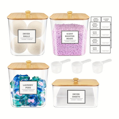 3+1 Pack Laundry Pods Container, Clear Laundry Room Organization Containers, Large LaundryDetergent Powder Storage Containers Black Wooden Lids & Labels, Acrylic Laundry PodsHolder for Scent