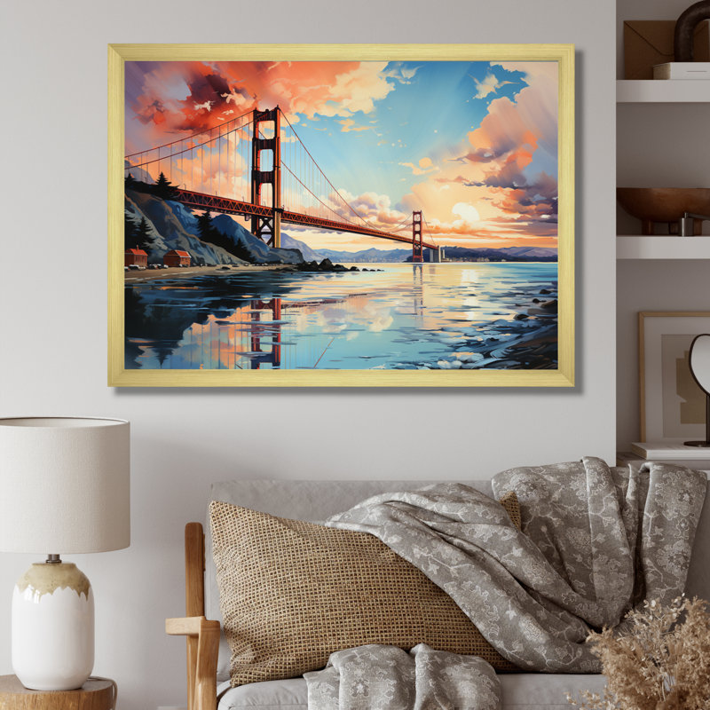 Ediva Orange Bridge Golden Gateway VI sur impression sur toile, Cadre doré à une seule photo, H 30 po x l 40 po x P 1,5 po