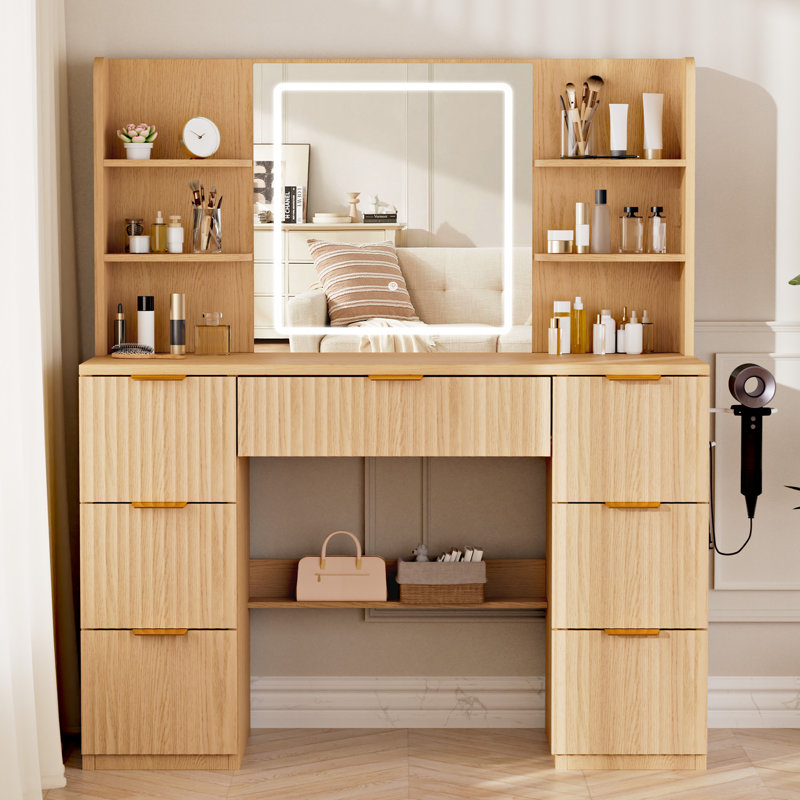 Coiffeuse de 112 cm de large avec station de recharge, grande table de maquillage en bois naturel pour chambre à coucher
