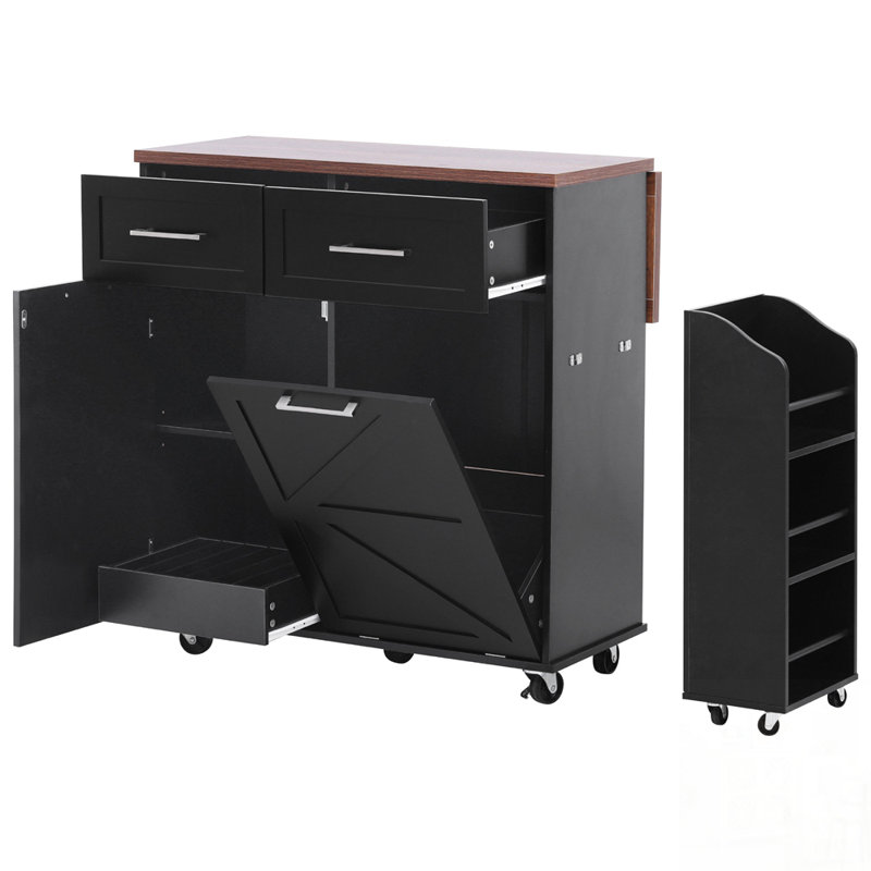 Farmhouse Kitchen Island with Drop Leaf, Spacious Storage, Removable Side Racks, and Rolling Wheels for Versatile Use, Black