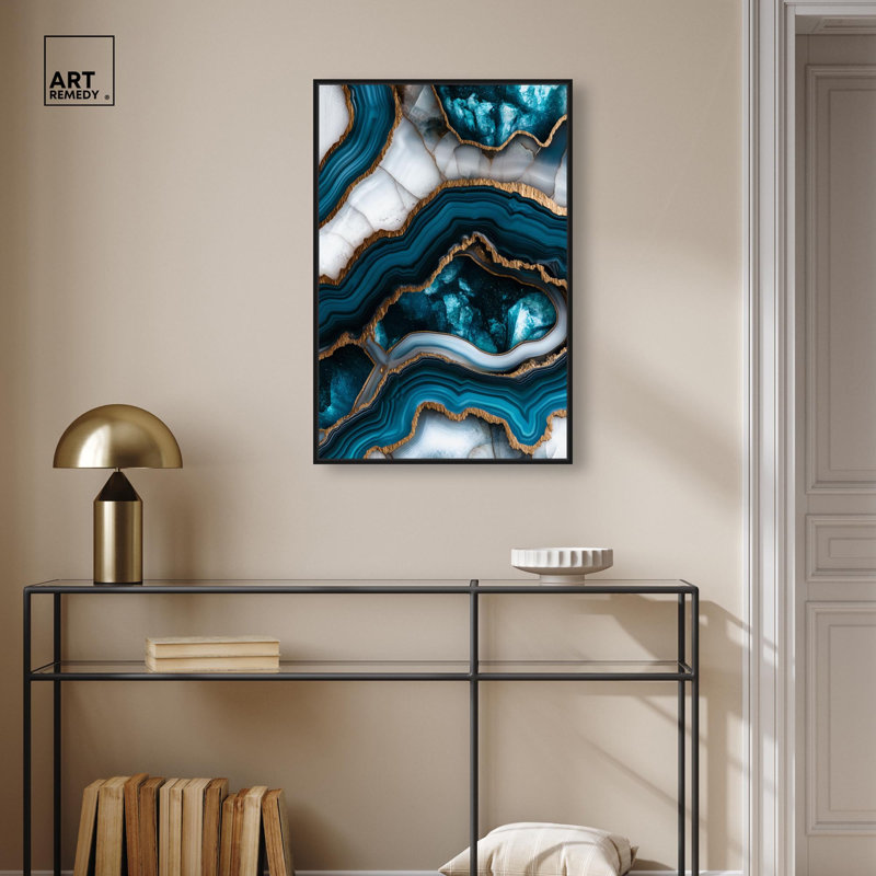 Art mural bleu sarcelle Tectonic III , H 31 po x l 21 po, Cadre flottant noir