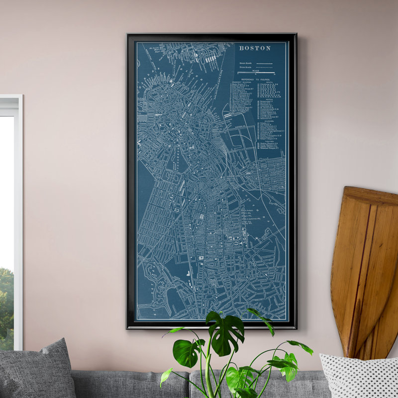 "Graphic Map of Boston", cadre photo, impression sur toile, Toile avec cadre noir, H 10,5 po x l 18,5 po x P 1,5 po