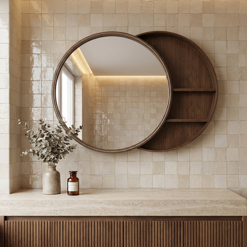Miroir mural coulissant rond avec tablettes de rangement cachées et armoire latérale à deux niveaux pour le meuble-lavabo, la chambre à coucher et le vestibule