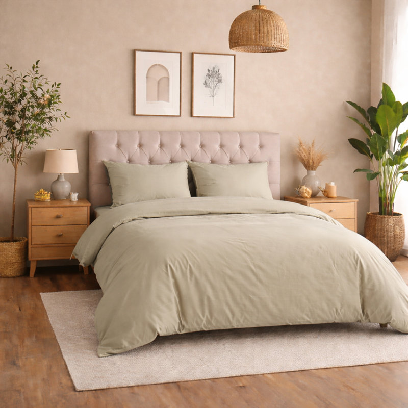 Plain Duvet Cover Complete Bedding Set - Duvet, Fitted Sheet with Matching Pillowcases, Beige