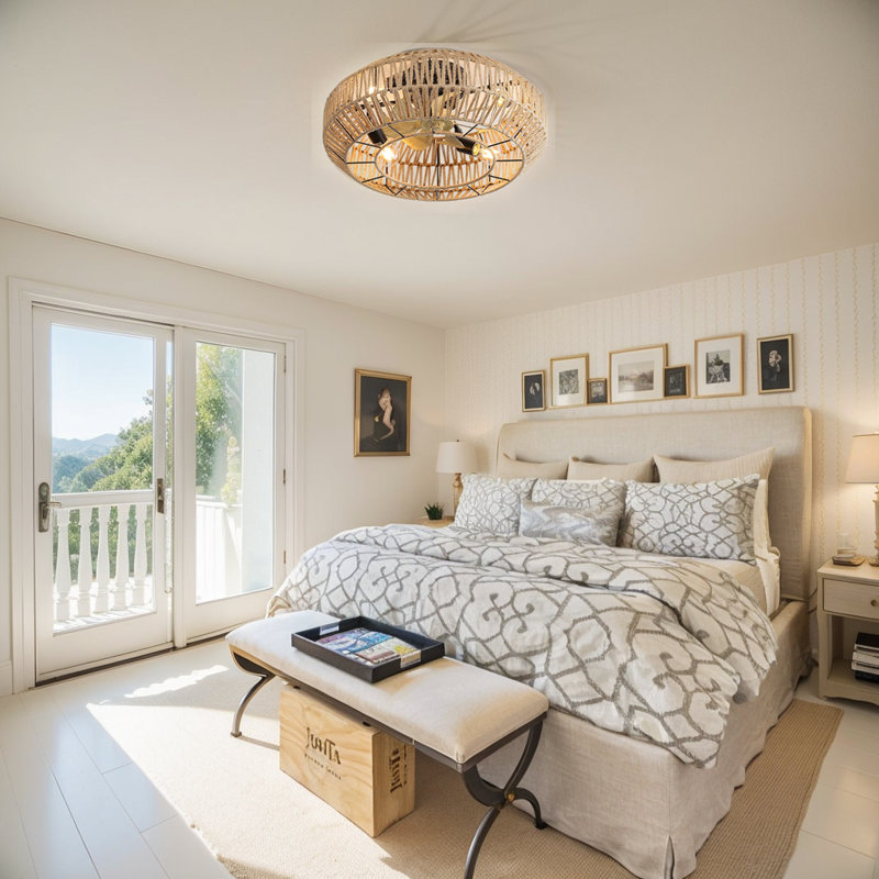 Nouveau ventilateur de plafond à cage 22 pouces avec rotin fermé et moteur à courant continu réversible à 6 vitesses pour salon