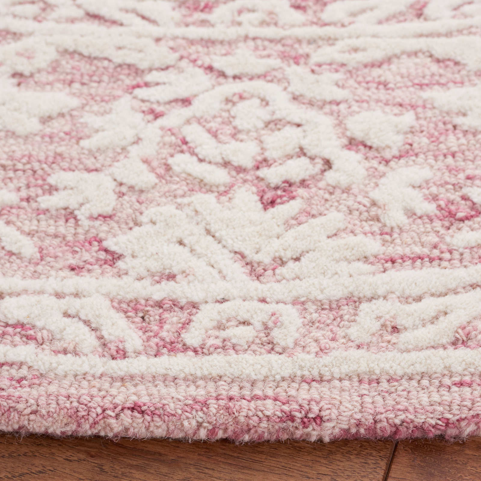 Teasdale Oriental Handmade Tufted Wool Area Rug in Pink/Ivory, Round 6'