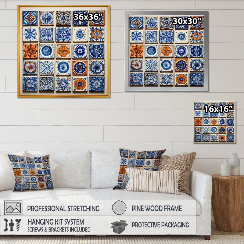 Boho Turkish Blue Tiles 1 - Boho Tiles, art mural, Noir, H 30 po x l 30 po