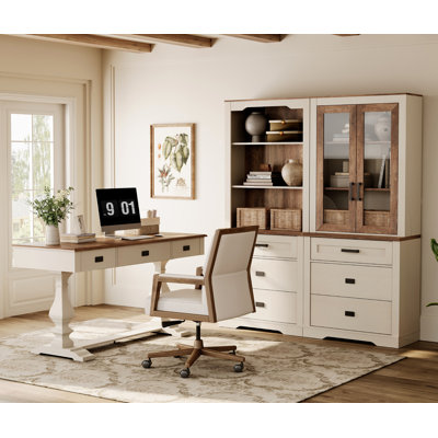 Ensemble de bureau à domicile, bureau de direction 59,1 "avec Power Hub et étagère ouverte 73,3" et porte en verre avec 2 tiroirs, 2 pièces, chêne blanc