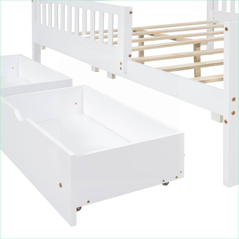 Lit plateforme double en bois massif blanc doux de style classique avec garde-corps latéraux doubles et rangement sous le lit pour les chambres résidentielles