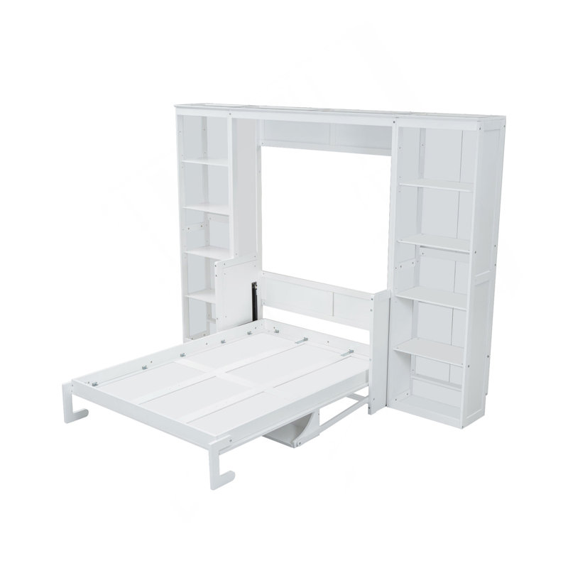 Lit escamotable double avec bureau et bibliothèque, blanc, Lit double