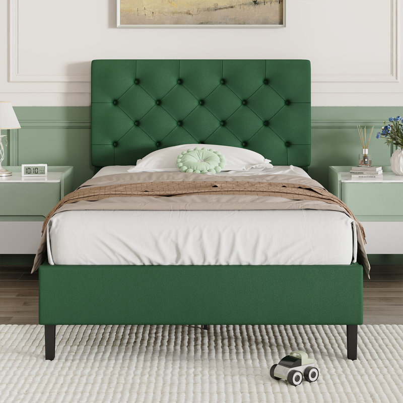 Structure de lit avec tête de lit, lit plateforme tapissier avec capitonnage à boutons Desigh, Lit simple, Vert